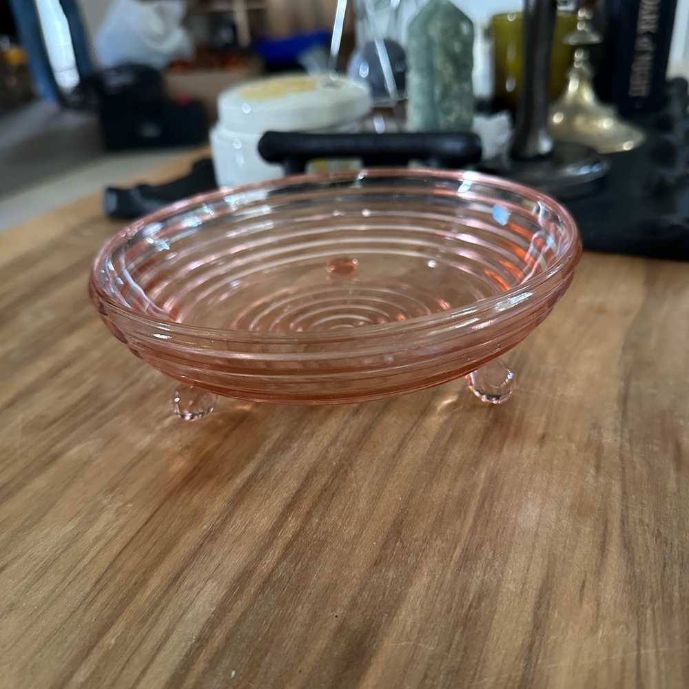 Pink depression glass 6” footed dish.  No chips or scratches.